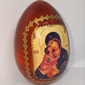 Wooden Faberge egg in gold leaf Mary and Jesus icon. Height-3.5"